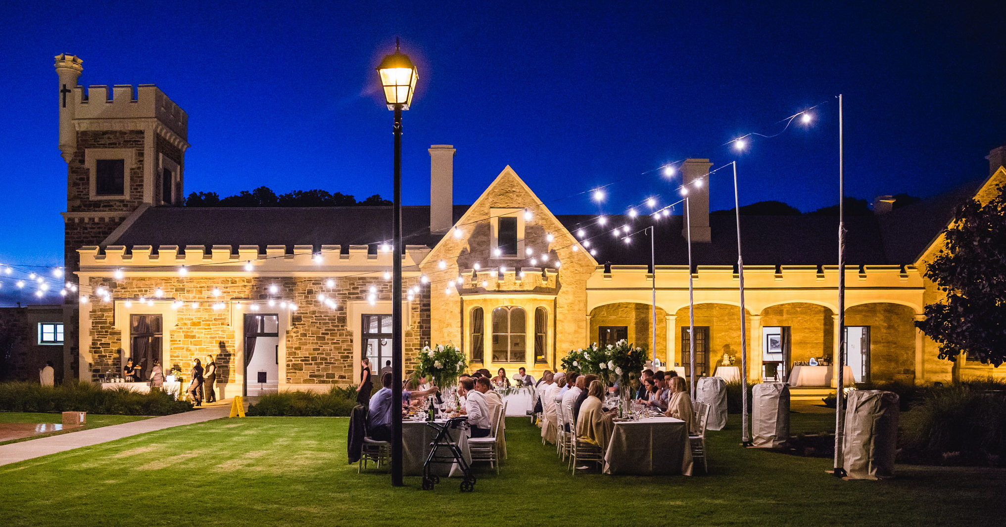 Glanville Hall heritage manor and gardens at dusk